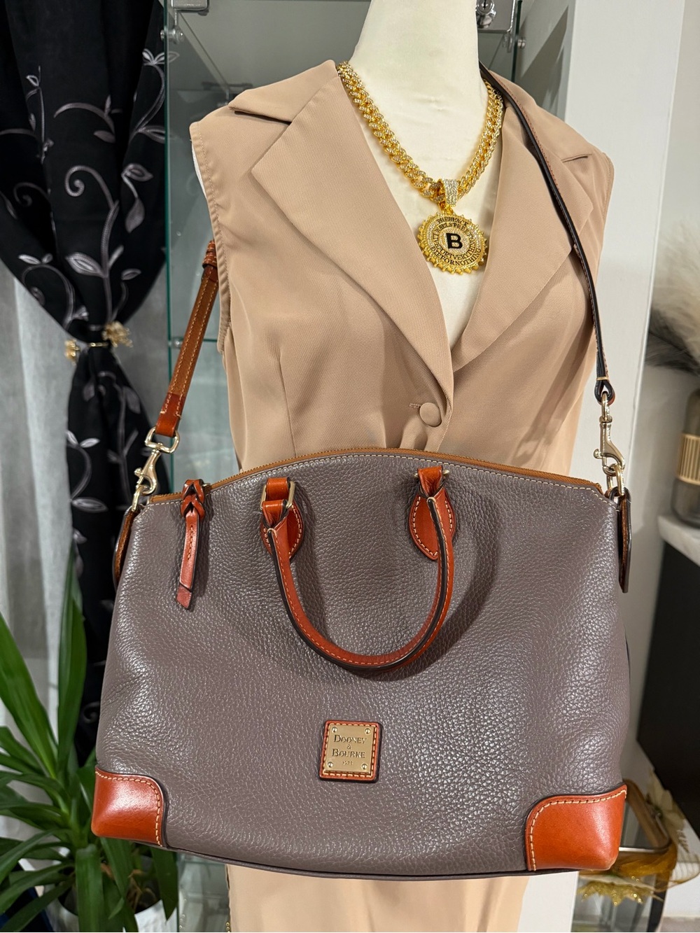 Dooney & Bourke Gray Pebbled Leather Tote with Brown Trim